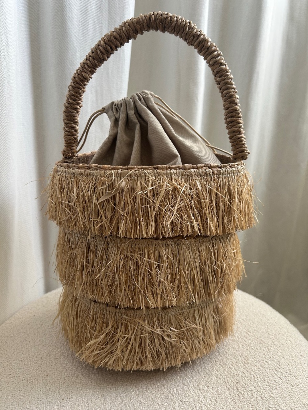 KAYU Raffia Fringe Bucket Bag | Natural Straw Basket Tote |